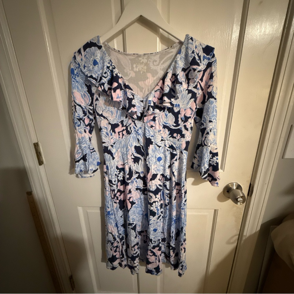 Lilly Pulitzer Floral V-Neck Ruffle Dress in Navy, Light Blue & Pink